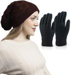 Weavers Villa Set of Snow Proof Inside Fur Acro Wool Unisex Beanie Cap Knit Hat Thick Fleece Lined Winter Cap and Gloves for Men & Women, Free Size (IN, Alpha, Free Size, COFFEE)