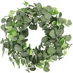 U'Artlines 22'' Artificial Eucalyptus Wreath Fake Green Leaves Rustic Garland with Berries for Front Door Wall Window Party Farmhouse Decoration (Eucalyptus Wreath with White Berries)