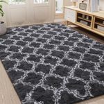 LOCHAS Luxury Velvet Shag Area Rug Modern Indoor Plush Fluffy Rugs, Extra Soft and Comfy Carpet, Geometric Moroccan Rugs for Bedroom Living Room Girls Kids Nursery, 5x8 Feet Dark Grey/White