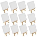 U.S. Art Supply 5" x 5" Stretched Canvas with 8" Mini Natural Wood Display Easel Kit (Pack of 12), Artist Tripod Tabletop Holder Stand - Painting Party, Kids Crafts, Oil Acrylic Paints, Signs, Photos