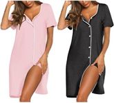 Ekouaer Nightgowns for Women 2 Pack Button Down Sleepshirt Short Sleeve Nightshirt Soft Sleepwear V Neck Pajama Dress Grey/Pink M