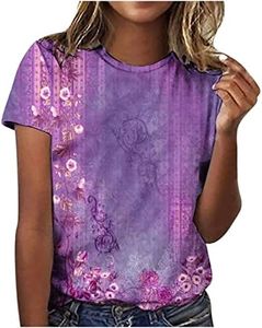 of Today Summer Tops for Women 2025 Casual T-Shirts Shirts Graphic Tee Short Sleeve Tops Floral Print Loose Summer Tops Purple XX-Large