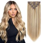 Elailite Clip in Hair Extensions Real Human Hair Double Weft Thick Remy Natural Hair - 8 Pieces Full Head Straight - #12/613 Golden Brown Mix Bleach Blonde - 16 Inch (130 g)