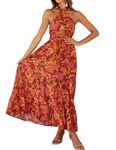 ZESICA Women's 2024 Summer Crossover Halter Neck Sleeveless Plaid Cut Out Backless Flowy A Line Maxi Dress, Orangerust, S