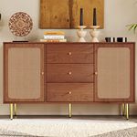 BTM Walnut Sideboard Cabinet, Rattan Chester Drawers for Bedroom, Chest of Drawers with 2 Doors and 3 Drawers, Adjustable Shelf, 90H x 150W x 40D cm