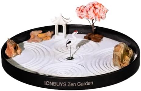 ICNBUYS Zen Garden Crane, Pavilion and Sakura Set with Free Rakes and Pushing Sand Pen Base Tray Diameter 9.4 inches