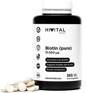 Biotina 10.000 mcg (Vitamina B7) | 365 comprimidos (Suministro anual) | Estimula el crecimiento del cabello, ayuda a mantener la piel y las uñas sanas, y activa el metabolismo | Apto para Veganos.