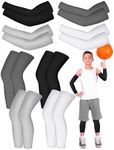 8 Pairs Kids Arm Sleeves and Basketball Leg Sleeves Set Non Slip Long Compression Leg Sleeves for Boys Girls Youth, Black, Dark Grey, Light Grey, White, Medium
