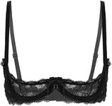 iEFiEL Women's See Through Sheer Lace 1/4 Cup Bra Non Padding Unlined Shelf Bra Sexy Lingerie Bra Black XX-Large