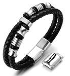 HALUKAKAH Plus ● Solo ● Men's Genuine Leather Bracelet with Titanium Beads Silver Titanium Magentic Clasp Size Adjustable 8.46"-9"(21.5-23cm) with Free Giftbox