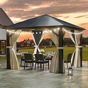 DWVO 10x10ft Gazebo Polycarbonate Hardtop Outdoor Canopy with Netting and Shaded Curtains, Single Roof Garden Tent for Patio, Backyard, Deck and Lawns, Brown