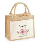 Personalised Jute Bag Shopping Tote for Nanny, Customisable "Loved By" Text - Floral Design - Ideal Mothers Day or Birthday Gift from Grandchildren