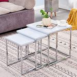 Redd Royal High Glossing Nesting Table Set of 3, Living Room Small Side Sofa Table Coffee Table Set Square Corner Little End Table Stackable Wood with Chrome Frame Legs (Pure White)