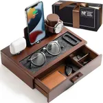 Nightstand Organizer for Men for Men - Wood Phone Docking Station to Charge Your Phone & Earbuds - Wood Charging Station with Lined Tray & Drawer - Mens Docking Station