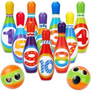 Kids Bowling Set Toddler Toys for 2 3 4 5 Years Old Boys Girls, 10 Indoor Colorful Soft Foam Pins 2 Bowling Ball Printed with Number Easter Toys Gift Developmental Outdoor Outside Toy Baby Age 2-4