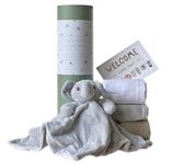 Newborn Baby Unisex Essentials Gift Set from Little Grey London. Includes 100% Cotton Muslins & Plush Elephant Comforter Ready Packed as a Gift Set. A Great Gift for Any Occassion.