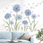 decalmile Blue Dandelion Flower Wall Decals Blooming Floral Butterfly Wall Stickers Bedroom Living Room Sofa TV Background Wall Decor