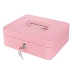 Cash Box with Money Tray and Lock, Metal Money Box for Cash, Safe Box Lock Box for Money 9.84x7.87x3.54 Inches Pink