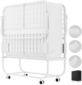 Hyomdeck Folding Bed with Mattress for Adults, Portable Folding Bed with Adjustable Backrest, Cot Size Rollaway Bed with Memory Foam Mattress and Metal Frame on Wheels, Guest Bed, 75‘’ x 31‘’, White