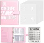 Jotia 1 Pack 100 Envelope Challenge Binder, A5 Money Saving Budget Binder Savings Challenges Money Envelopes for Cash Budget, Budget Book Binder with Cash Envelopes Budget Book to Save $5,050 (Pink)