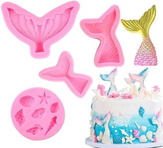 Mermaid Theme Fondant Silicone Mold,Seashell Silicone Mold Mermaid Tail Candy Chocolate Mold DIY Handmade Baking Tools for Sea Creatures Beach Theme Party Cake Decoration Set of 4