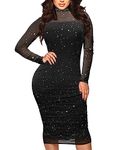 MOEENCN Sexy Long Sleeve Midi Dress for Women Sheer Mesh Printed Two Piece Skirt Set Crew Neck See Through Bodycon Party, A Black, XX-Large