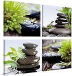 Zen Bathroom Decor Meditation Canvas Wall Art, Water Stone and Green Plants Pictures for Yoga Spa and Office Calming, Relaxing Wall Art for Office Bedroom Living Room (12x12in, 4 Panels)