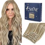 fshine Clip in Hair Extensions Human Hair 20 Inch 120g Color 16 Dark Ash Blonde Mixed with 22 Golden Blonde Highlight Hair Extensions Straight Hair Clip in Hair Extensions for Women 7Pcs