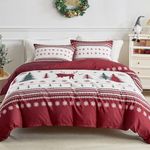 Conworld Christmas Duvet Cover King, Soft Reversible Red Plaid Reindeer Snowflake Tree Printed Holiday Bedding Set with Zipper Closure, Corner Ties, 2 Pillowcases, 1 Duvet Cover 104x90 inches