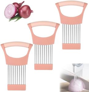 Stainless Steel Onion Holder for Slicing, Onion Slicer Holder, Onion Cutter for Slicing of Onions, Tomatoes, Avocados, Eggs and Other Vegetables Kitchen Utensils (Pink, 3 Pack)