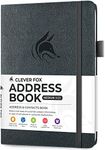 Clever Fox Address Book with alphabetic tabs - PU Leather Telephone and Address Book for Keeping Contacts Safe, Contact Organizer Journal, Medium Size (5.3″ x 7.7″) Hardcover, Silver Black