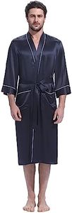LilySilk 100% Silk Robe for Men Contrast White Trim Long Sleeve Shawl Collar Long Silk Kimono Bathrobe Male Sleepwear Lightweight Luxury Soft Comfy Navy Blue X-Large