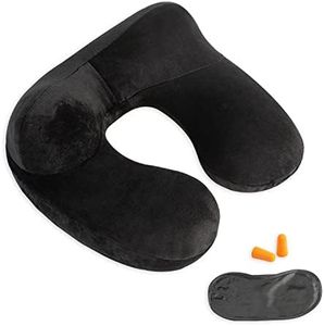 Makimoo Inflatable Travel Pillow, Neck Pillow Support for Traveling, Airplanes, Cars, and Offices with Compact Carrying Bag, Soft Velvet Washable Cover, Ideal for Adult Sleepers (Black)