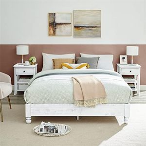 MUSEHOMEINC Solid Wood Platform Bed Frame Rustic Style ,Mattress Foundation(no boxspring Needed), White Washed Finish,Queen