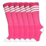 3 Pairs of juDanzy Knee High Boys or Girls Stripe Tube Socks for Soccer, Basketball, Uniform and Everyday Wear, Hot Pink With White Stripes (3 Pairs), 6-10 Years