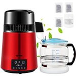 VEVOR Water Distiller, 1 L/H, 4L Distilled Water Maker w/ 0-99 H Timing, 750W Countertop Water Purifier w/Dual Temp Display, Glass Carafe Cleaning Powder 3 Carbon Packs Equipped, Red