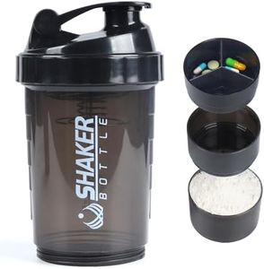 VIGIND Protein Shaker Bottle,Sports Water Bottle,Leak Proof Shake Bottle For Protein Mixer- Non Slip 3 Layer Twist Off 3oz Cups with Pill Tray - Protein Powder 16 oz Shake Cup with Storage,Black