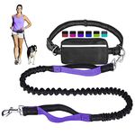 Hands Free Dog Leash for Running Walking Training Hiking, Dual-Handle Reflective Bungee, Poop Bag Dispenser Pouch, Adjustable Waist Belt, Shock Absorbing, Ideal for Medium to Large Dogs (Black+Purple)