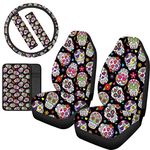 chaqlin Sugar Skull Print Bucket Seat Cover Saddle Blanket with Belt Pad,Streering Wheel Cover, Console Arm Rest Cushion Pad,Full Set of 6 Vehicle Interior Protector Accessiores