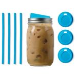 Jarware Silicone Drink Lids, Regular Mouth Drink Lids and Straws for Mason Jars, Set of 4, Blue