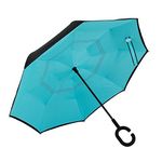 owen kyne Windproof Double Layer Folding Inverted Umbrella, Self Stand Upside-down Rain Protection Car Reverse Umbrellas with C-shaped Handle (Light Blue)