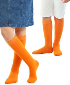 Hugh Ugoli Knee High Cotton Socks for Kids Girls Boys & Toddlers, Long School Uniform Socks, Soft & Comfortable,Pumpkin Orange, 7-8 Years Old, 4 Pairs