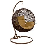 Carry Bird Big Boss Wicker Rattan Wrought Iron Single Seater Swing Chair With Stand For Adults | Garden & Outdoor Hammock Swing With Cushions For Kids | Teardrop Swing Hanging Chair with Curve Iron Stand | Jhula | Round Shape | Balcony/Patio/Indoor/Backyard/Porch/Yard/Outdoor Furniture | Brown Swing-Mocha Cushion