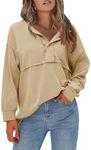 EXLURA Womens 2024 Fall Fashion Long Sleeve Henley Shirts Casual Button Down V Neck Tunic Blouses Loose Pullover Tops Outfits, Khaki, Small