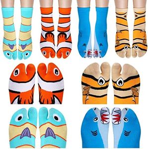 Neer 12 Pairs Ocean Sea Animal Funny Novelty Socks Cotton Flip Flop Socks Unisex Tabi Socks Split Toe Fish Socks Crew Socks for Women Men Adults Teenager Gift, 4 Styles, Vivid Colors, One size