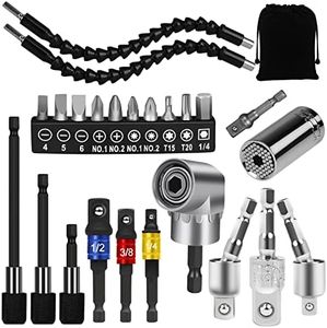 FAWAIKTU 24pcs Flexible Drill Bit Extension Set, Hex Shank 105° Right Angle Attachmen, Rotatable Joint Socket 1/4 3/8 1/2 In Adapter Bendable Drill-Bit-Extension Screwdriver Kit (Black)