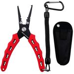 6" Fishing Pliers Saltwater Resistant Fishing Gear, Tungsten Carbide Cutters, Split Ring Pliers, Hook Remover with Coiled Lanyard and Sheath (Red B - 6" Split Ring Nose)