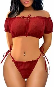 Buitifo Women Lingerie Set Lace Babydoll Self Tie Sexy Bra and Panty Pajamas Set (Red,M)