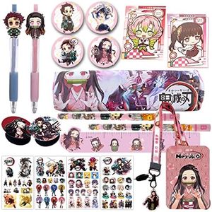 Anime Gift Set Include Pencil,Rollerball Pen, Ruler,Card Holder with Lanyard,Notebook,Tattoo Sticker,Phone Ring Holder,Button Pins