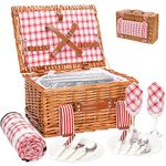 Wicker Picnic Basket for 2 with Large Insulated Cooler Compartment and Waterproof Picnic Blanket, Cutlery Service Kits, Wicker Picnic Hamper for Camping, Valentine Day,Thanks Giving,Birthday(Red)